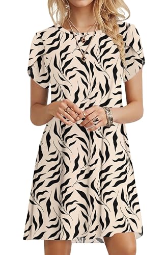 PLOKNRD Sommerkleid Damen Blütenblatt Ärmel T-Shirt Kleid Rundhals Blumenmuster Freizeitkleid Leicht und Luftig mit Taschen(Aprikosen Schwarzes Blatt,M von PLOKNRD