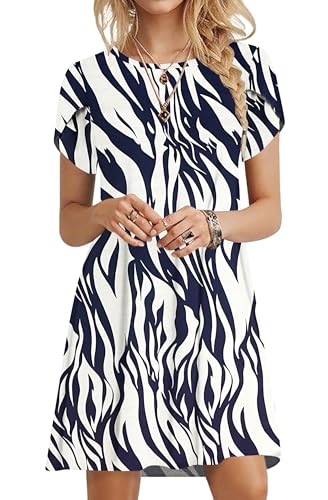 PLOKNRD Sommerkleid Damen Blütenblatt Ärmel T-Shirt Kleid Rundhals Blumenmuster Freizeitkleid Leicht und Luftig mit Taschen(Blatt Navy Weiß,L von PLOKNRD