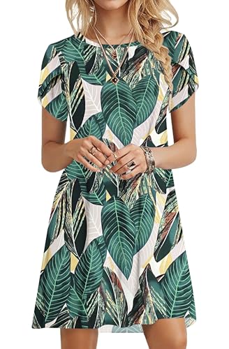PLOKNRD Sommerkleid Damen Blütenblatt Ärmel T-Shirt Kleid Rundhals Blumenmuster Freizeitkleid Leicht und Luftig mit Taschen(Blattdruck,S von PLOKNRD