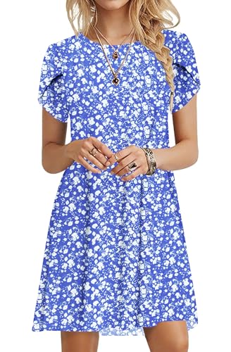PLOKNRD Sommerkleid Damen Blütenblatt Ärmel T-Shirt Kleid Rundhals Blumenmuster Freizeitkleid Leicht und Luftig mit Taschen(Blau Weiß Blumen,2XL von PLOKNRD