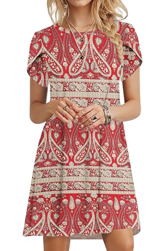 PLOKNRD Sommerkleid Damen Blütenblatt Ärmel T-Shirt Kleid Rundhals Blumenmuster Freizeitkleid Leicht und Luftig mit Taschen(Boho Rote Blumen,XL von PLOKNRD
