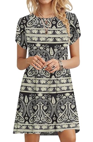 PLOKNRD Sommerkleid Damen Blütenblatt Ärmel T-Shirt Kleid Rundhals Blumenmuster Freizeitkleid Leicht und Luftig mit Taschen(Boho Schwarz Blumen,S von PLOKNRD