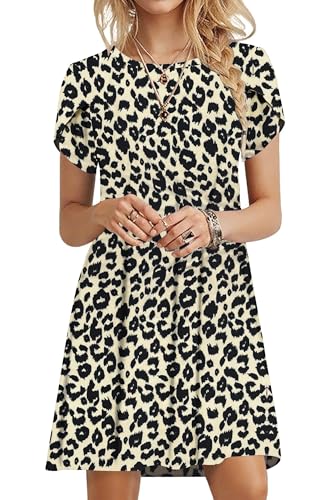 PLOKNRD Sommerkleid Damen Blütenblatt Ärmel T-Shirt Kleid Rundhals Blumenmuster Freizeitkleid Leicht und Luftig mit Taschen(Leopard-2,M von PLOKNRD