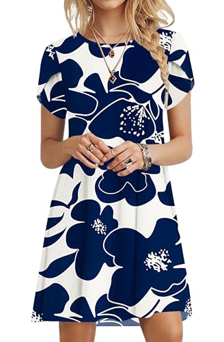PLOKNRD Sommerkleid Damen Blütenblatt Ärmel T-Shirt Kleid Rundhals Blumenmuster Freizeitkleid Leicht und Luftig mit Taschen(Marineblau Blume,M von PLOKNRD