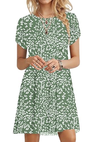 PLOKNRD Sommerkleid Damen Blütenblatt Ärmel T-Shirt Kleid Rundhals Blumenmuster Freizeitkleid Leicht und Luftig mit Taschen(Olivgrünes,L von PLOKNRD