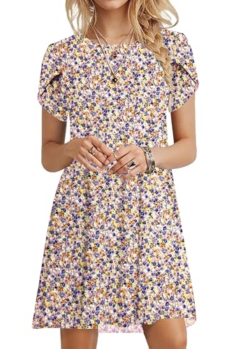 PLOKNRD Sommerkleid Damen Blütenblatt Ärmel T-Shirt Kleid Rundhals Blumenmuster Freizeitkleid Leicht und Luftig mit Taschen(Rosa Blumen,2XL von PLOKNRD