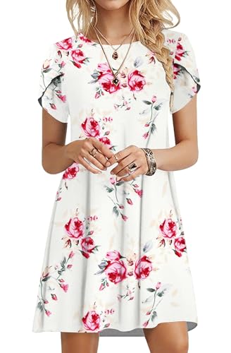PLOKNRD Sommerkleid Damen Blütenblatt Ärmel T-Shirt Kleid Rundhals Blumenmuster Freizeitkleid Leicht und Luftig mit Taschen(Rose Weiß,S von PLOKNRD