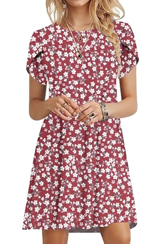 PLOKNRD Sommerkleid Damen Blütenblatt Ärmel T-Shirt Kleid Rundhals Blumenmuster Freizeitkleid Leicht und Luftig mit Taschen(Rote Blumen,L von PLOKNRD