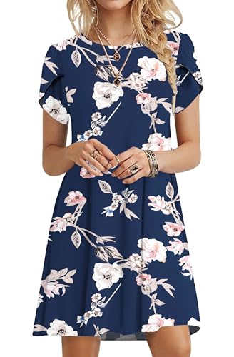 PLOKNRD Sommerkleid Damen Blütenblatt Ärmel T-Shirt Kleid Rundhals Blumenmuster Freizeitkleid Leicht und Luftig mit Taschen(Saphirblumen,S von PLOKNRD