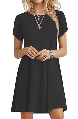 PLOKNRD Sommerkleid Damen Blütenblatt Ärmel T-Shirt Kleid Rundhals Blumenmuster Freizeitkleid Leicht und Luftig mit Taschen(Schwarz,M von PLOKNRD