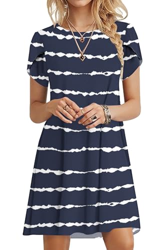 PLOKNRD Sommerkleid Damen Blütenblatt Ärmel T-Shirt Kleid Rundhals Blumenmuster Freizeitkleid Leicht und Luftig mit Taschen(Streifen,XL von PLOKNRD