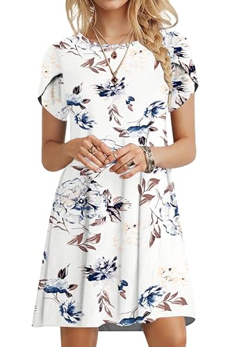 PLOKNRD Sommerkleid Damen Blütenblatt Ärmel T-Shirt Kleid Rundhals Blumenmuster Freizeitkleid Leicht und Luftig mit Taschen(Weiße Blumen,S von PLOKNRD