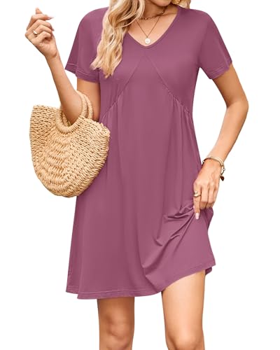 PLOKNRD Sommerkleid Damen V-Ausschnitt Midi Kleid mit Taschen Kurzarm Elegante Strandkleider Hohem Bund A-Linie Freizeit Mauve XL von PLOKNRD