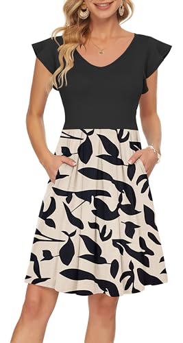PLOKNRD Sommerkleid Damen V-Ausschnitt Midi Kleider mit Taschen Knielang Blütenblättern Kurzarm Freizeit Strandkleider Aprikosenschwarz Blätter S von PLOKNRD