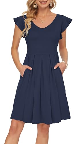 PLOKNRD Sommerkleid Damen V-Ausschnitt Midi Kleider mit Taschen Knielang Blütenblättern Kurzarm Freizeit Strandkleider Blau Navy L von PLOKNRD