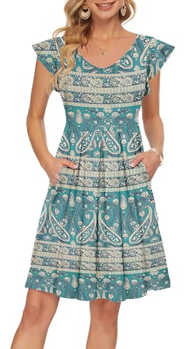 PLOKNRD Sommerkleid Damen V-Ausschnitt Midi Kleider mit Taschen Knielang Blütenblättern Kurzarm Freizeit Strandkleider Grün Böhmen S von PLOKNRD