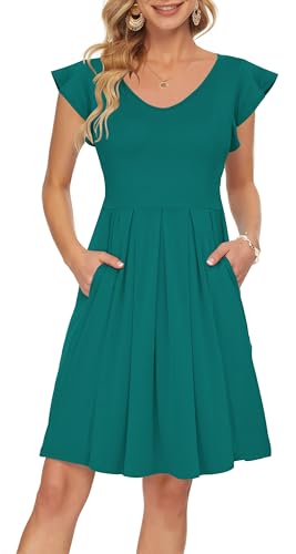 PLOKNRD Sommerkleid Damen V-Ausschnitt Midi Kleider mit Taschen Knielang Blütenblättern Kurzarm Freizeit Strandkleider Grün S von PLOKNRD