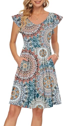 PLOKNRD Sommerkleid Damen V-Ausschnitt Midi Kleider mit Taschen Knielang Blütenblättern Kurzarm Freizeit Strandkleider Grün gedruckt M von PLOKNRD