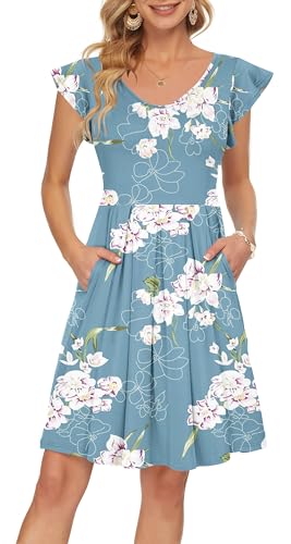 PLOKNRD Sommerkleid Damen V-Ausschnitt Midi Kleider mit Taschen Knielang Blütenblättern Kurzarm Freizeit Strandkleider Hellblaue Blüten XL von PLOKNRD