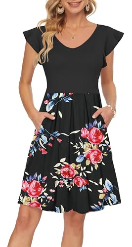 PLOKNRD Sommerkleid Damen V-Ausschnitt Midi Kleider mit Taschen Knielang Blütenblättern Kurzarm Freizeit Strandkleider Rose Schwarz M von PLOKNRD