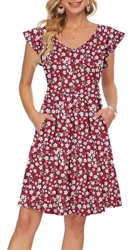 PLOKNRD Sommerkleid Damen V-Ausschnitt Midi Kleider mit Taschen Knielang Blütenblättern Kurzarm Freizeit Strandkleider Rot Blume XL von PLOKNRD
