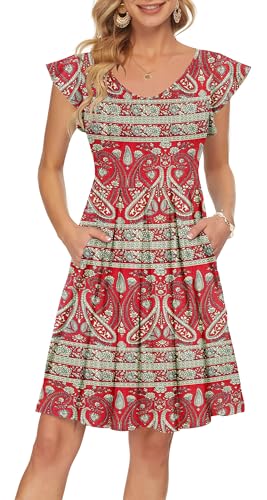 PLOKNRD Sommerkleid Damen V-Ausschnitt Midi Kleider mit Taschen Knielang Blütenblättern Kurzarm Freizeit Strandkleider Rot Böhmen L von PLOKNRD