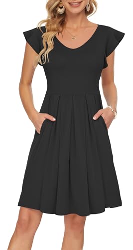 PLOKNRD Sommerkleid Damen V-Ausschnitt Midi Kleider mit Taschen Knielang Blütenblättern Kurzarm Freizeit Strandkleider Schwarz XL von PLOKNRD