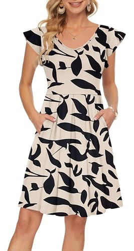 PLOKNRD Sommerkleid Damen V-Ausschnitt Midi Kleider mit Taschen Knielang Blütenblättern Kurzarm Freizeit Strandkleider Schwarzes Blatt XXL von PLOKNRD