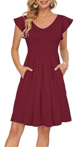 PLOKNRD Sommerkleid Damen V-Ausschnitt Midi Kleider mit Taschen Knielang Blütenblättern Kurzarm Freizeit Strandkleider Weinrot M von PLOKNRD