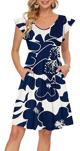 PLOKNRD Sommerkleid Damen V-Ausschnitt Midi Kleider mit Taschen Knielang Blütenblättern Kurzarm Freizeit Strandkleider Weiße Blaue Blume XXL von PLOKNRD