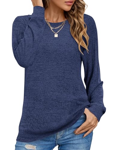 PLOKNRD Sweatshirt Damen Langarm Schulterfalten Rundhals Pullover Casual Sweater Basic Pulli Herbst Winter(Dunkelblau,M) von PLOKNRD