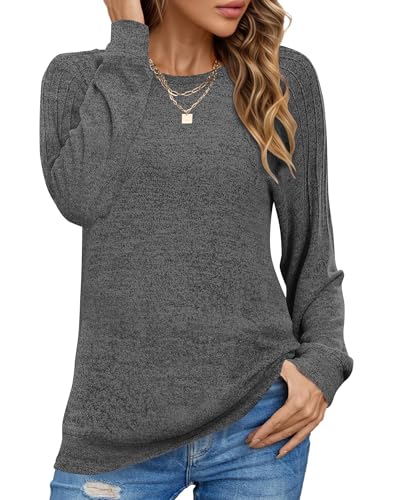 PLOKNRD Sweatshirt Damen Langarm Schulterfalten Rundhals Pullover Casual Sweater Basic Pulli Herbst Winter(Dunkelgrau,S) von PLOKNRD