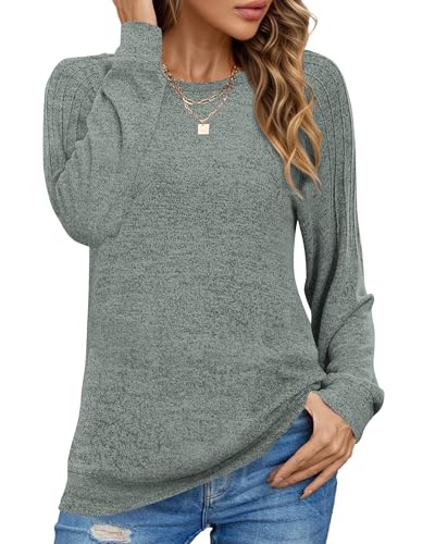 PLOKNRD Sweatshirt Damen Langarm Schulterfalten Rundhals Pullover Casual Sweater Basic Pulli Herbst Winter(Grün,M) von PLOKNRD