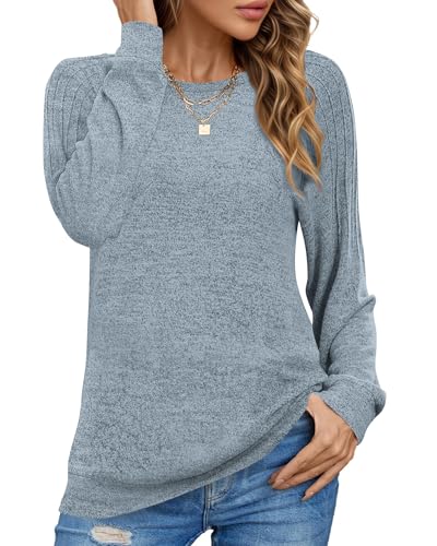 PLOKNRD Sweatshirt Damen Langarm Schulterfalten Rundhals Pullover Casual Sweater Basic Pulli Herbst Winter(Hellblau,M) von PLOKNRD
