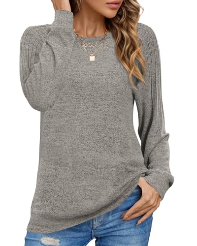 PLOKNRD Sweatshirt Damen Langarm Schulterfalten Rundhals Pullover Casual Sweater Basic Pulli Herbst Winter(Khaki,XXL) von PLOKNRD