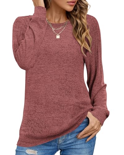 PLOKNRD Sweatshirt Damen Langarm Schulterfalten Rundhals Pullover Casual Sweater Basic Pulli Herbst Winter(Rot,XL) von PLOKNRD