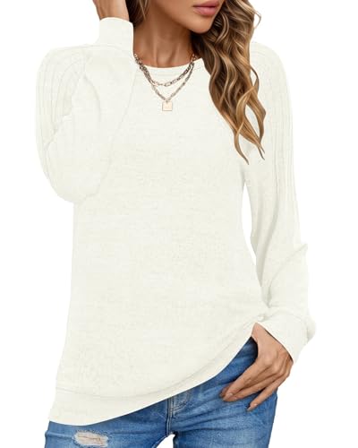 PLOKNRD Sweatshirt Damen Langarm Schulterfalten Rundhals Pullover Casual Sweater Basic Pulli Herbst Winter(Weiß,L) von PLOKNRD