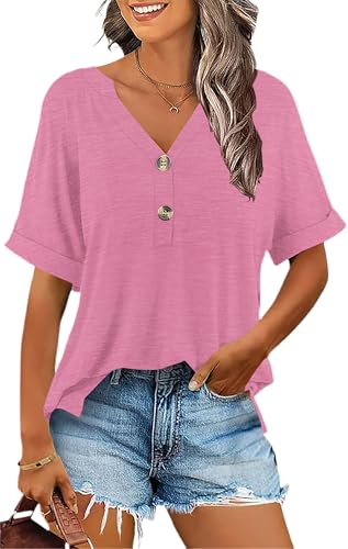 PLOKNRD T-Shirt Damen Sommer Knopfleiste Leichter Oberteile V-Ausschnitt Kurzarm Bluse Locker Tops(Rosa,M) von PLOKNRD