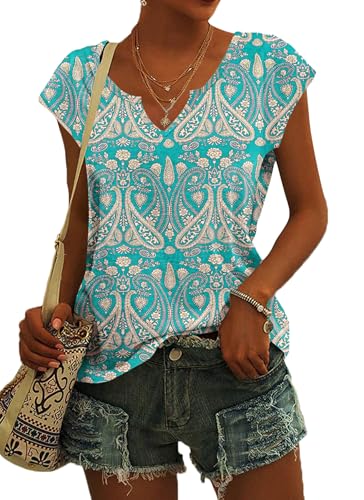 PLOKNRD T-Shirt Damen Sommer V Ausschnitt - Locker Bluse Oberteile Top Damen Leicht und Luftig mit Flügelärmeln Boho Floral Green S von PLOKNRD