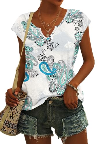 PLOKNRD T-Shirt Damen Sommer V Ausschnitt - Locker Bluse Oberteile Top Damen Leicht und Luftig mit Flügelärmeln Boho Floral Weiß M von PLOKNRD