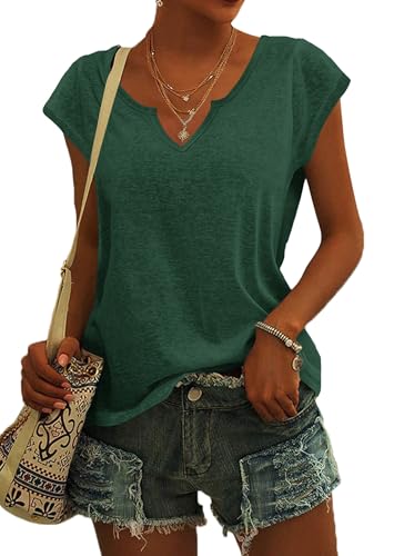 PLOKNRD T-Shirt Damen Sommer V Ausschnitt - Locker Bluse Oberteile Top Damen Leicht und Luftig mit Flügelärmeln Grün L von PLOKNRD