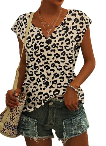 PLOKNRD T-Shirt Damen Sommer V Ausschnitt - Locker Bluse Oberteile Top Damen Leicht und Luftig mit Flügelärmeln Leopard XL von PLOKNRD