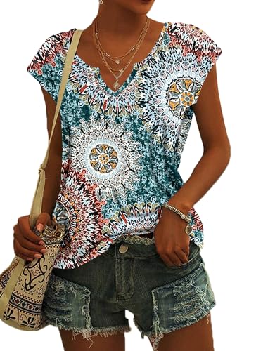 PLOKNRD T-Shirt Damen Sommer V Ausschnitt - Locker Bluse Oberteile Top Damen Leicht und Luftig mit Flügelärmeln Print Green XXL von PLOKNRD