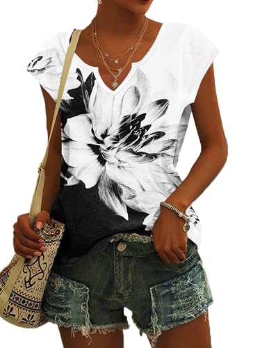 PLOKNRD T-Shirt Damen Sommer V Ausschnitt - Locker Bluse Oberteile Top Damen Leicht und Luftig mit Flügelärmeln Schwarz Weiße Blume L von PLOKNRD