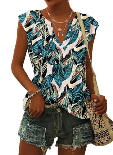 PLOKNRD T-Shirt Damen Sommer V-Ausschnitt Tops Kurzarm Blusen Locker Oberteile Freizeit und Elegant(Blattdruck,L) von PLOKNRD