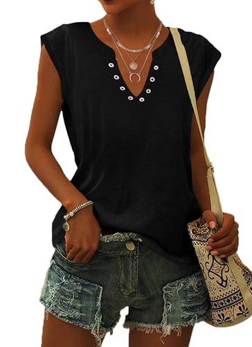 PLOKNRD T-Shirt Damen Sommer V-Ausschnitt Tops Kurzarm Blusen Locker Oberteile Freizeit und Elegant(Schwarz,2XL) von PLOKNRD
