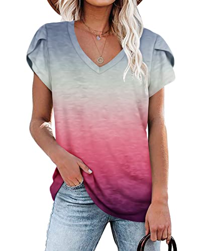 PLOKNRD Damen Tops V-Ausschnitt Blütenblatt Ärmel T-Shirt Sommer Freizeit Kurzen Ärmeln Strand Oberteile(Grau Ombre Rosa,S) von PLOKNRD