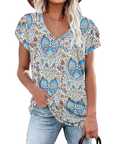 PLOKNRD T-Shirt für Damen V-Ausschnitt Casual Sommer Tops Elegant Blütenblatt Kurzarm (Blau Herzförmig,XL) von PLOKNRD