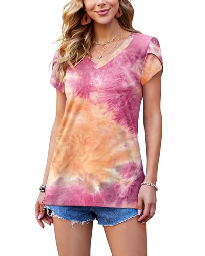 PLOKNRD T-Shirt für Damen V-Ausschnitt Casual Sommer Tops Elegant Blütenblatt Kurzarm (Orange Rosa,XL) von PLOKNRD