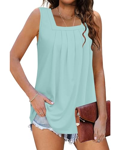 PLOKNRD Tank Top Damen Ärmellos Sommer Oberteile Quadratischen Halsausschnitt Blusen Tops Für Damen Mit Falten Elegant Lockere Shirt Seegrün L von PLOKNRD